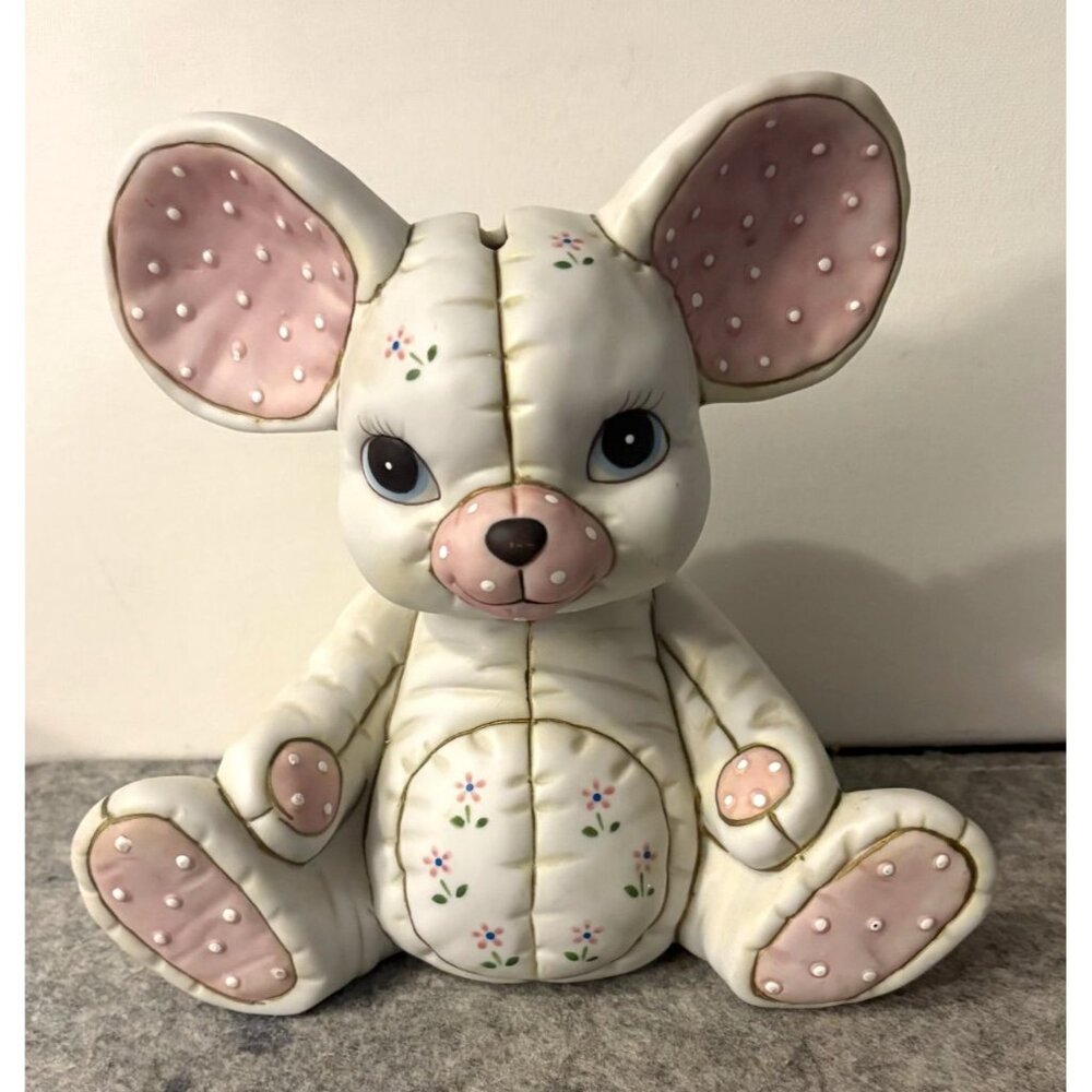 Vintage 1987 Lefton Quilt Look Mouse Piggy Bank   # 3008